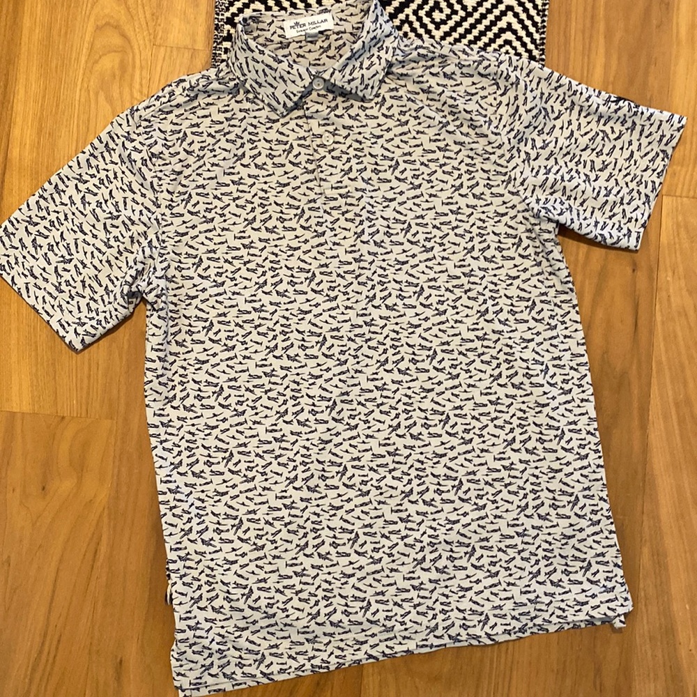 Boys Peter Millar Golf Polo. Size Medium. Grey with navy planes.